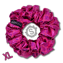 Load image into Gallery viewer, An extra large hot pink scrunchie, covered in metallic pink scales. Approximately 15cm in Diameter.
