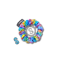 Load image into Gallery viewer, A small colourful scrunchie, covered in metallic rainbow scales. Approximately 8cm in Diameter.