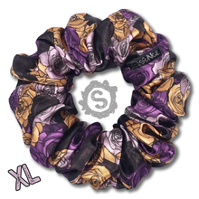 Load image into Gallery viewer, An extra large colourful scrunchie. A rose pattern in the colours of the Nonbinary pride flag. White, black, yellow and purple. Approximately 15cm in Diameter.
