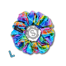 Load image into Gallery viewer, A large colourful scrunchie, covered in metallic rainbow scales. Approximately 12cm in Diameter.
