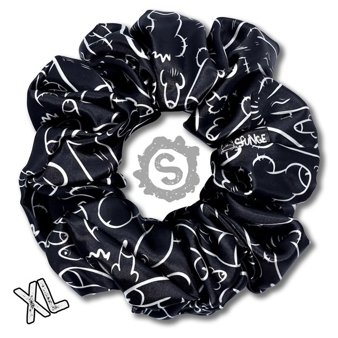 An extra large black scrunchie, black satin covered in a myriad of white penises. Approximately 15cm in Diameter.