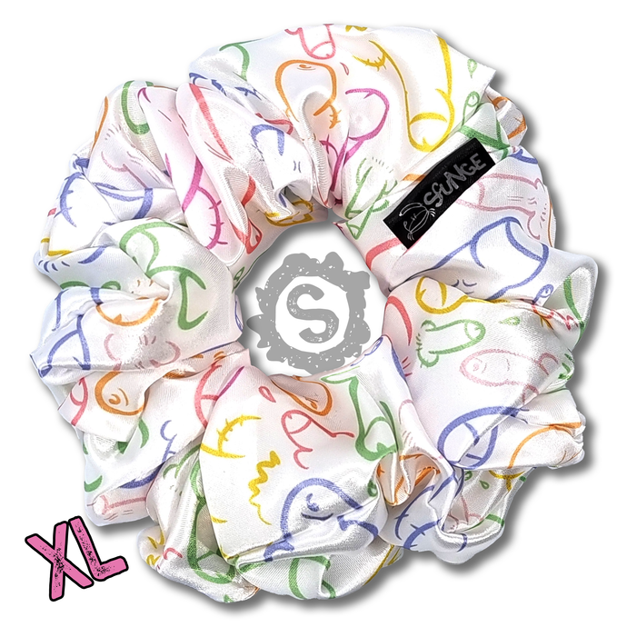 A small white scrunchie, white satin covered in a myriad of colourful penises. Approximately 15cm in Diameter.