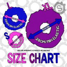 Load image into Gallery viewer, A size chart explaining the sizes of &quot;Scunge&quot; scrunchies. A small scrunchie is 8cm/3Inches in diameter, with a 15cm/6Inch elastic. A large scrunchie is 12cm/5Inches in diameter, with a 23cm/9Inch elastic. An extra-large scrunchie is 15cm/6Inches in diameter, with a 28cm/11Inch elastic. Sizes are approximate as products are hand made.
